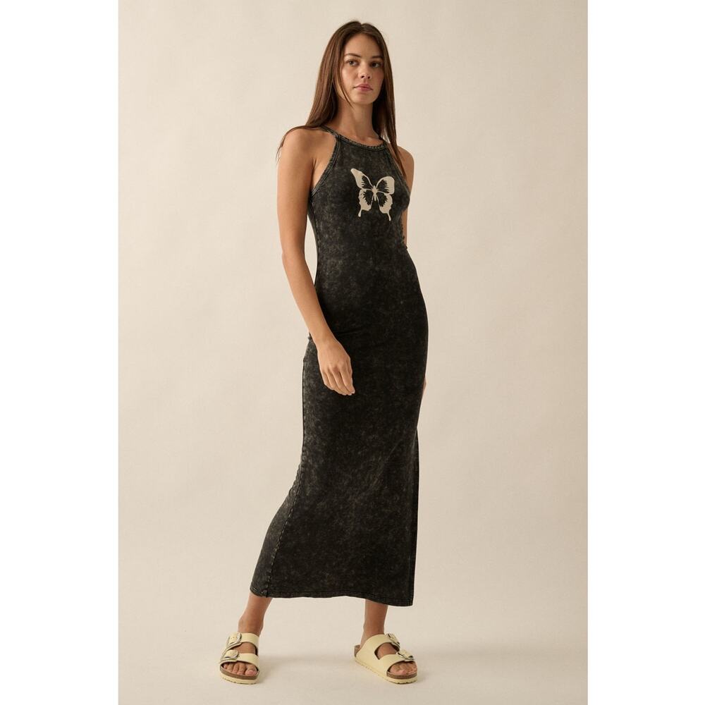 Promesa Size Medium Charcoal Vintage Wash Butterfly Graphic Tank Maxi Dress